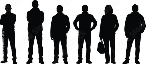Black silhouettes of six people standing in various poses