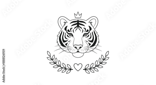 Majestic tiger head with a small crown and laurel wreath below a heart for a royal animal emblem, mascot, or brand logo design.
