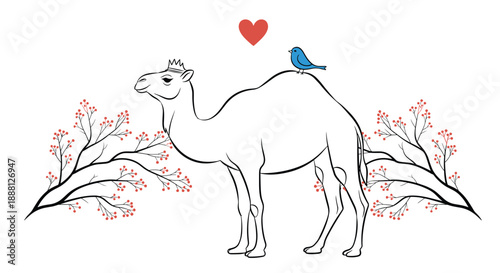 Charming illustration of a camel with a blue bird on its back and a small crown for a whimsical desert scene and storybook art.
