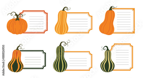 Collection of autumn gift tags or labels decorated with different varieties of colorful pumpkins and gourds for festive seasonal use.