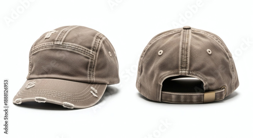 Brown baseball cap with distressed details from front and back