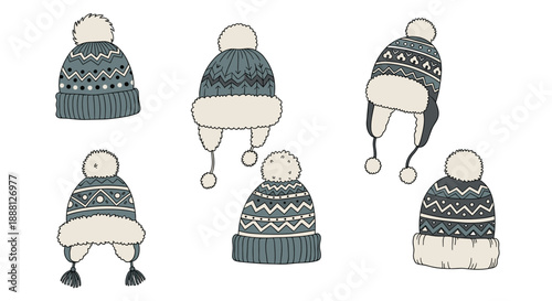 Variety of winter hats and beanies with different patterns, textures, and pom poms for cold weather fashion and seasonal gear concepts.
