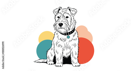 Portrait of a wire-haired terrier dog sitting calmly in front of vibrant colorful abstract circles on a white background.