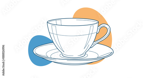 Elegant white teacup on a saucer depicted in line art with soft blue and orange abstract shapes in the background.