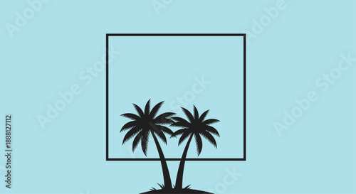 Silhouette of two palm trees on a small island framed within a black square on a solid light blue background.