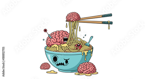 Grotesque cartoon illustration of a bowl of ramen noodles made of brains and eyes being eaten with chopsticks.