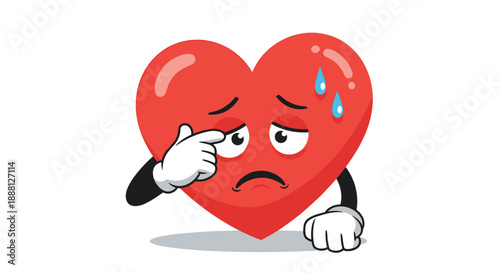 Sad red heart character with white gloves looks worried and has sweat drops on a white background showing signs of stress or anxiety.