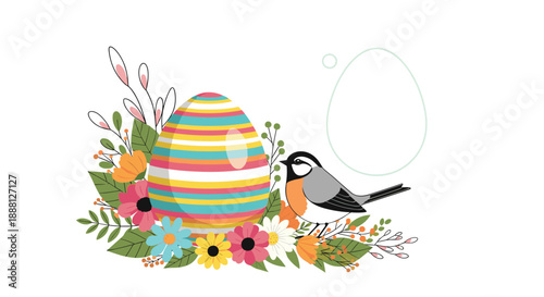 Beautifully striped easter egg is surrounded by colorful spring flowers and a small bird against a clean white background for holiday.