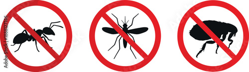 No pest insects sign set showing ant mosquito and flea silhouettes inside red prohibition symbols isolated on white background for pest control concepts