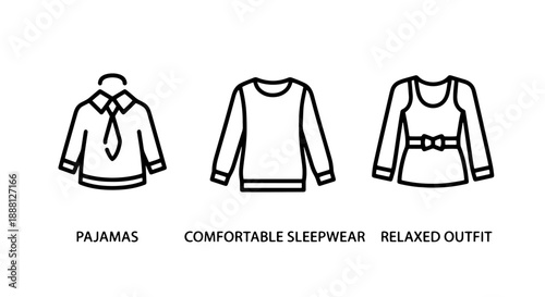 Sleepwear icons: pajamas with tie, long sleeve shirt, and tank top with bow, vector art for comfort