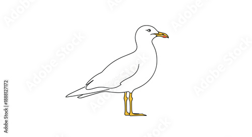 Side view illustration of a white seagull with a yellow beak and legs is isolated on a white background for nature or coastal themes.