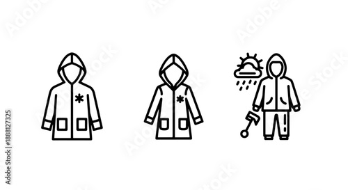 Raincoat Icons for Rainy Weather and Outdoor Adventure with Tools