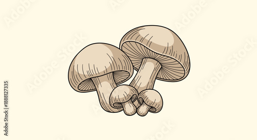 Detailed hand drawn sketch of organic edible mushrooms with textured caps and stems presented on a warm cream background.