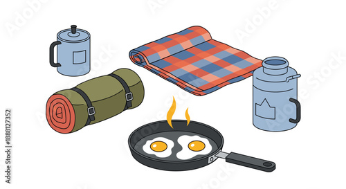 Selection of outdoor camping essentials including a sleeping bag, pan with fried eggs, mugs, and a plaid picnic blanket.