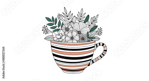 Creative illustration of a striped ceramic teacup used as a vase for a beautiful bouquet of wild flowers and leaves.