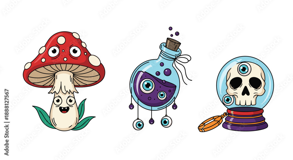Obraz premium Collection of three spooky Halloween characters including a multi-eyed mushroom, a potion bottle with eyeballs, and a skull in a crystal ball.