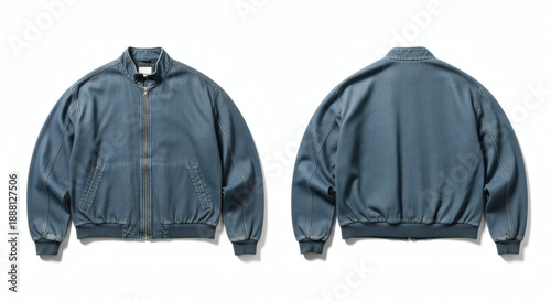 Stylish blue bomber jacket with front and back views