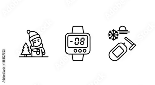 Whimsical line art icons depicting a child by a Christmas tree, a smartwatch displaying a cold temperature, and winter gear.