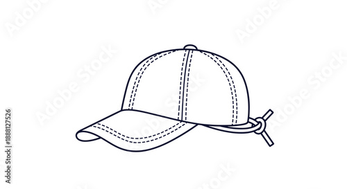 Simple black line art drawing of a baseball cap with a string detail at the back, shown in a three-quarter view on a white background.
