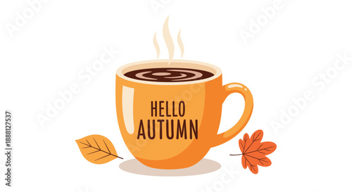 Cozy autumn greeting featuring a hot cup of coffee with the text hello autumn and falling orange and brown leaves nearby.