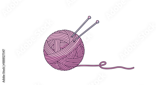 Illustration of a large ball of pink yarn with two knitting needles stuck through it and a loose thread extending to the side.