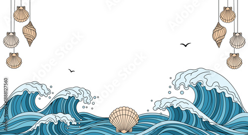 Artistic illustration of blue ocean waves with hanging seashell ornaments and seagulls flying in the distance on a white background.