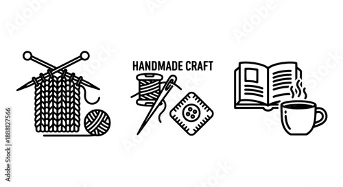 Creative line art icons representing handmade crafts: knitting with yarn and needles, sewing with thread and button, and a book with a coffee cup.