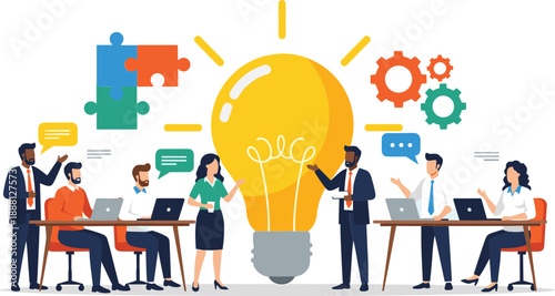 Business team discussing ideas around lightbulb with puzzle pieces and gears meeting