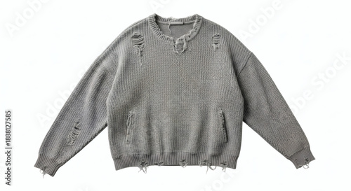 Distressed gray sweater with frayed edges and holes