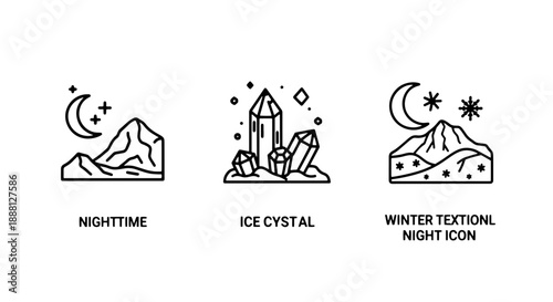 Enchanting line art icons depicting nighttime mountain scenes with a moon and stars, alongside sparkling ice crystals, evoking winter magic.