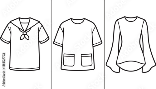 Outline illustrations of school uniform sailor shirt casual tee flared sleeve shirt