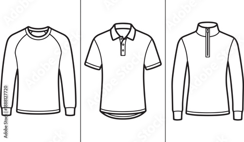 Outline vector illustration of three different long sleeve t shirts for men