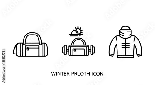 Collection of winter gear icons: duffle bag, duffle bag with sun and waves, and a hooded jacket.