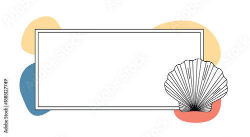 Rectangular frame adorned with abstract colorful blobs and a detailed line drawing of a scallop seashell suitable for summer event cards.