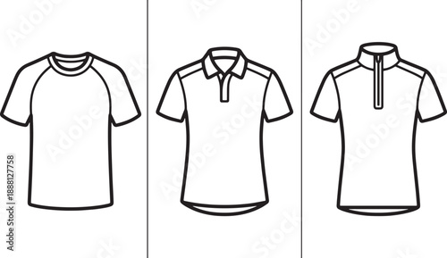 Outline vector illustration of three different short sleeve t shirts for men