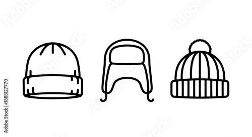 Collection of simple line icons featuring different styles of winter hats, including a beanie, trapper hat, and bobble hat.