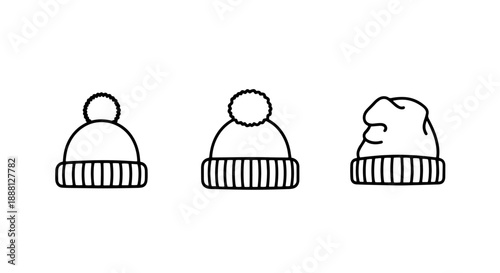 Set of minimalist outline icons of winter beanies, two with pom-poms and one with a slouchy fit.