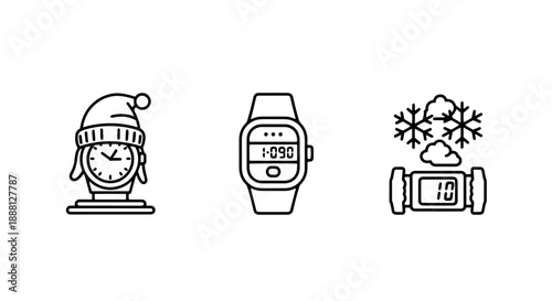 Icons showcasing timekeeping and weather elements: a clock with a Santa hat, a digital watch, and snow/weather gauge.