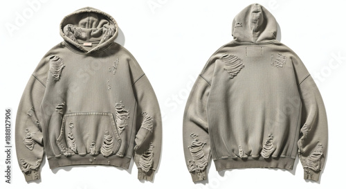 Distressed gray hoodie with ripped details front and back