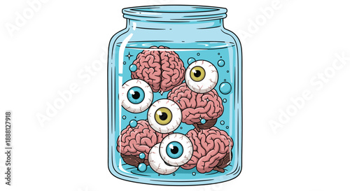 Grotesque glass jar filled with brains and eyeballs floating in bubbly blue liquid serves as a creepy decoration for Halloween themes.