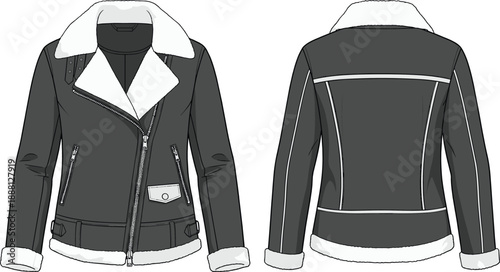 Gray jacket with white fur trim front and back view