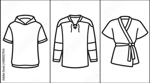 Sport clothing icons collection with short sleeve hoodie hockey jersey and martial robe