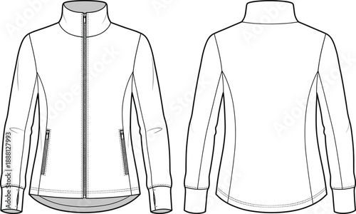 Technical jacket flat sketch front and back view, minimalist outerwear apparel design illustration for fashion production, garment construction, textile manufacturing, and clothing technical drawings