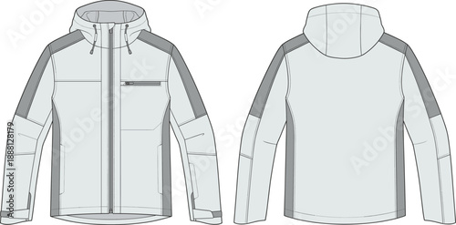 Technical winter jacket flat sketch front and back view, modern hooded outerwear design illustration, apparel template for fashion production, pattern making, and clothing manufacturing use