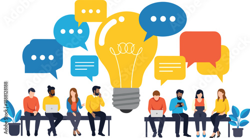 People sitting on benches with speech bubbles and a lightbulb conversation communication