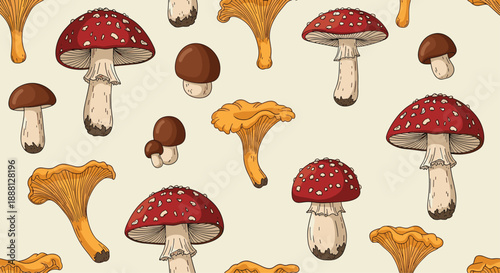 Seamless pattern of various mushrooms including red fly agarics, chanterelles, and brown caps for nature and forest wallpapers.