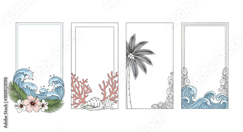 Set of four vertical beach frames with tropical waves, hibiscus flowers, palm trees, and pink coral for social media post designs.