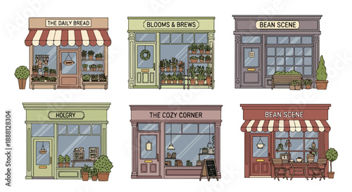 Collection of six isolated vintage hand-drawn small shop storefronts and facades illustration