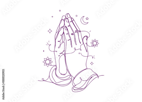This is a continuous line art of hands in prayer. Palms joined together. A design idea for Ramadan and Eid Mubarak.