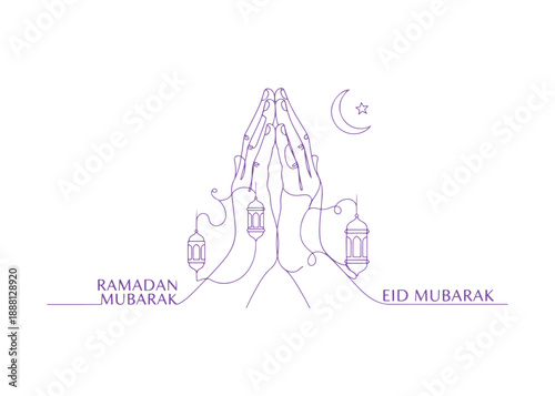 A continuous line drawing of praying hands. Palms pressed together. Concept design for Ramadan and Eid Mubarak.
